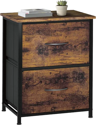 Vista 7 de LubanNese Mesita de noche con 2 cajones de tela, mesita de noche pequeña para habitación de los niños, mesa auxiliar con parte superior de madera