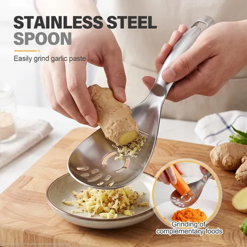 Vista 3 de Cuchara de cocina multifunción de acero inoxidable 5 en 1, cuchara ranurada Herramientas de cocina para triturador de ajo y patata, abrebotellas