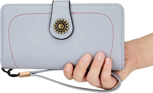 Vista 7 de OPAGE Cartera de cuero de gran capacidad para mujer con bloqueo RFID y cremallera alrededor
