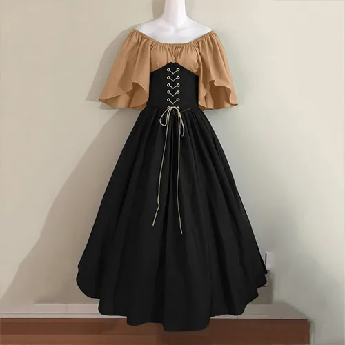 Vista 2 de SHOPESSA Vestido renacentista disfraz victoriano para mujer vestido de baile de retazos vestido medieval de manga acampanada con corsé