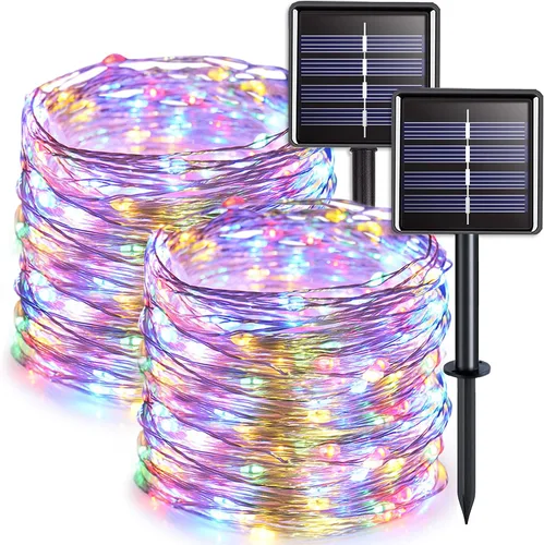 Vista 23 de JMEXSUSS Paquete de 2 luces solares de Navidad impermeables para exteriores, 100 LED de 33 pies, color blanco y multicolor, luces solares de hadas