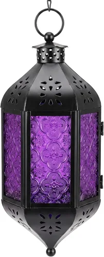 Vista 16 de Vela Lanterns Farol marroquí colgante con luces LED parpadeantes, decoración exótica decorativa de patio y porche, portavelas para interiores y Ámbar
