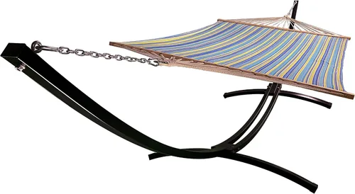 Vista 4 de Soporte de hamaca de arco de acero negro resistente para interiores y exteriores de 15 pies con hamaca acolchada de primera calidad (beige)
