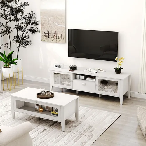 Vista 4 de Bonzy Home Mesa de centro moderna blanca con almacenamiento de puerta de vidrio, mesa central rectangular de madera para sala de estar, 39.4 x 18.9