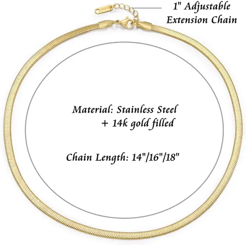 Vista 5 de Collar de espiga para mujer, chapado en oro de 14 quilates, cadena de serpiente plana de 0.157 in, gargantilla de cadena de hueso de serpiente