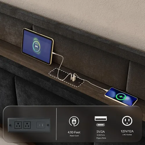 Vista 7 de Base de cama de tamaño matrimonial, cama de plataforma tapizada con 2 cajones de almacenamiento, cabecera de canal vertical de terciopelo con luces