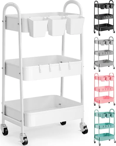 Vista 16 de Carrito rodante de 3 niveles de metal gris, carrito de almacenamiento de malla con asa y ruedas con cerradura, carritos organizadores