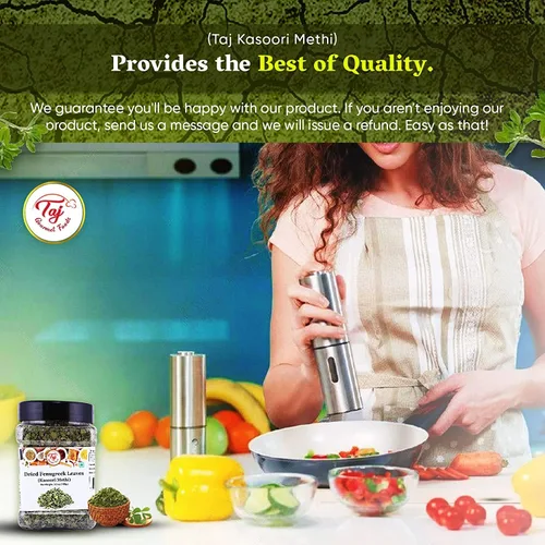 Vista 5 de TAJ Kasoori Methi Hojas de fenogreco secas Producto de India 1oz (28g)