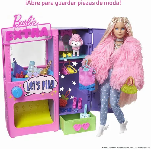 Vista 6 de Barbie Juego de moda extra sorpresa con 20 piezas, incluyendo caniche para mascotas, armario y función de botón que dispensa accesorios de moda