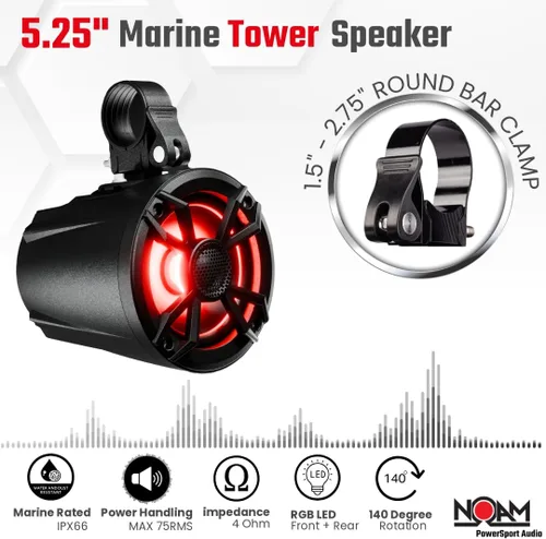 Vista 6 de NOAM NUTV5 - Kit de sistema estéreo marino ATV/carrito de golf/UTV, con 2 altavoces de torre de luz LED impermeables, controlador resistente a