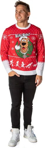 Vista 5 de Scooby Doo Men's Ruh-Roh! Santa Scooby Christmas Ugly Sweater Knit Pullover