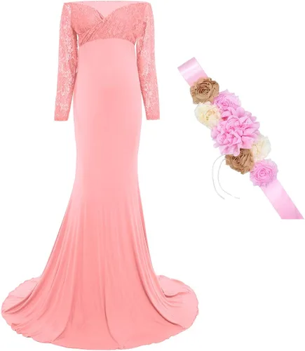 Vista 2 de Vestido de maternidad de manga larga con hombros descubiertos para fotografía baby shower con cinturón de banda de flores para sesión de fotos