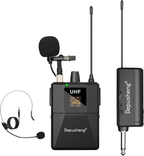 Vista 2 de Depusheng Sistema de auriculares inalámbricos UHF - Sistema de micrófono inalámbrico con micrófonos de solapa Lavalier, rango de 200 pies, enchufe