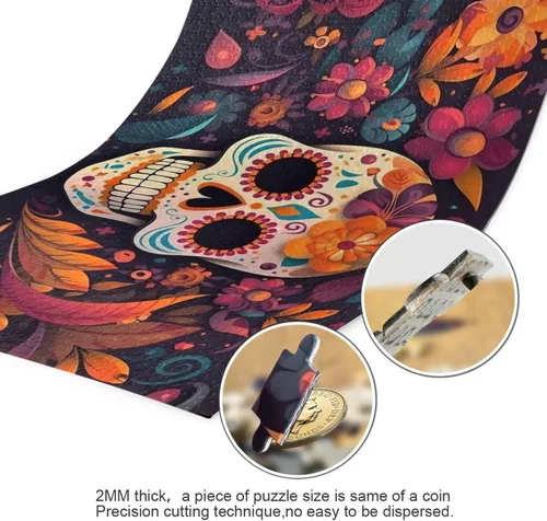 Vista 3 de Rompecabezas de calavera de azúcar mexicana, material compuesto de madera de papel Zcon bolsa de almacenamiento e imagen de referencia fácil