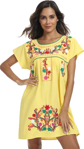Vista 20 de YZXDORWJ Vestido bordado mexicano de manga corta para mujer 222BK
