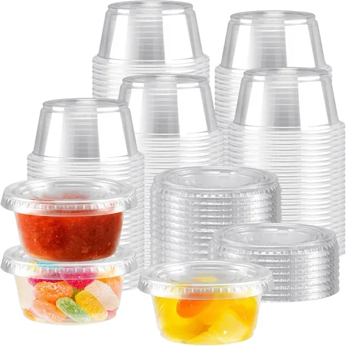 Vista 10 de Paquete de 360 recipientes de condimentos de 4 onzas con tapas, tazas desechables para salsa Clear Plastic Condiment & Jello Shot Cups, Small