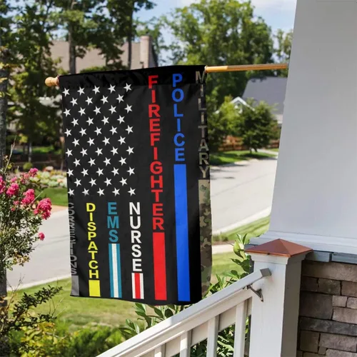 Vista 3 de Nadie lucha solo con bandera militar estadounidense, policía del ejército, bombero, bombero, azul, verde, rojo, línea fina, lino negro, tela