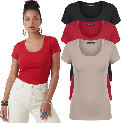 Vista 24 de Emmalise - Camiseta de manga corta para mujer, cuello redondo, estilo básico, pack de valor, tallas junior y grandes
