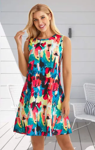 Vista 3 de elescat Vestidos de verano para mujer, estilo casual, sin mangas, estampado floral, holgado, con bolsillo