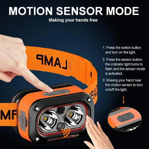 Vista 7 de Linterna frontal recargable, lámpara LED ligera, linterna de cabeza con sensor de movimiento, luz de cabeza impermeable súper brillante