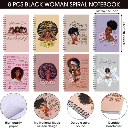 Vista 2 de Pasimy 8 cuadernos negros para mujeres, afroamericanos, espirales, motivacionales, para niñas negras, cuaderno de tapa dura inspirador con 8
