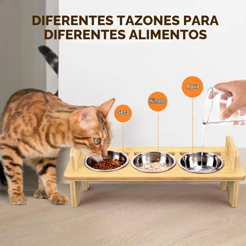 Vista 5 de Tazón Elevado de Comida para Gatos, 3 Cuencos Elevados de Acero Inoxidable para Gatos con Soporte, Cuenco Inclinado 15° para Perros Pequeños