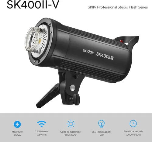 Vista 4 de Godox SK400II-V Studio Strobe, nueva versión mejorada de SK400II, sistema inalámbrico X de 400 W 2.4G GN65 5700K Monolight con lámpara de modelado
