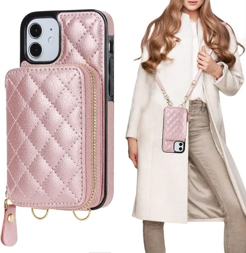 Vista 10 de Bocasal Funda tipo cartera cruzada para iPhone 12 Mini, bloqueo RFID, de piel sintética, con cremallera, funda tipo cartera con función atril