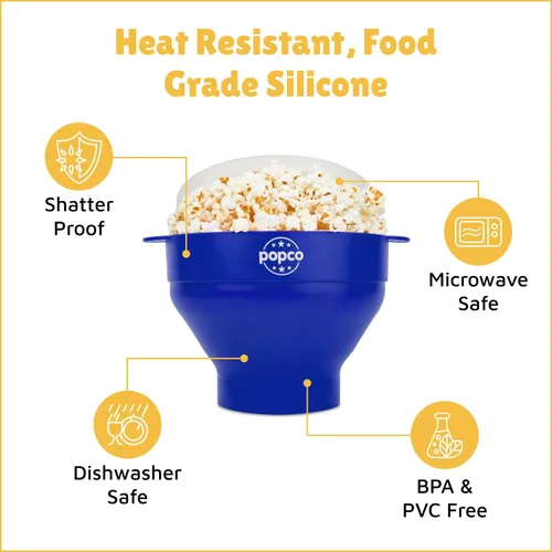 Vista 6 de POPCO Palomitas de maíz de silicona para microondas con asas, para hacer palomitas de maíz, para microondas, cuenco plegable, apto