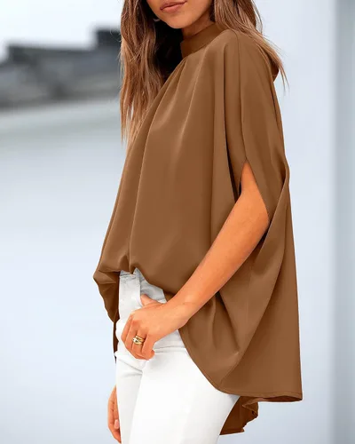Vista 7 de BTFBM Blusas de verano para mujer, cuello alto falso, manga murciélago, holgadas, dobladillo alto y bajo, blusas informales de gran