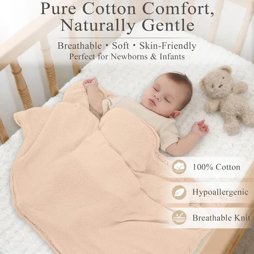 Vista 6 de Manta de punto para bebés para niños y niñas, 100% algodón, manta para cuna y cochecito para recién nacidos, bebés, niños pequeños, crema, 40 x 31