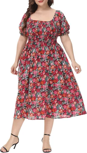Vista 3 de ALLEGRACE Vestido de talla grande para mujer, bohemio, floral, cuello cuadrado, verano, casual, fluido, fiesta, playa, maxi vestidos