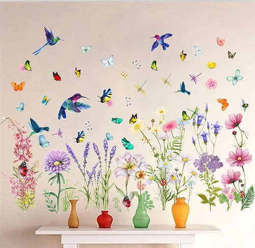 Vista 5 de Calcomanías de flores de primavera, crisantemos, lirio de lavanda, pájaros, mariposas, libélulas, mariquitas, calcomanías de pared florales