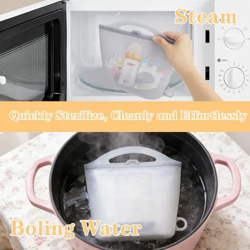 Vista 4 de Bolsa esterilizadora de vapor de silicona para microondas, bolsas reutilizables de 50.7 fl oz para biberones, extractor de leche, chupetes