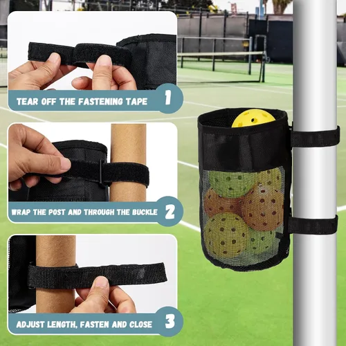 Vista 4 de Soporte de bola de pickleball ajustable, bolsa de malla de nailon para colgar, cesta de almacenamiento plegable con capacidad para 6-8 bolas, cierre