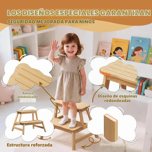 Vista 3 de COSYLAND Taburete para niños pequeños, baño, cocina, taburete de 2 pasos Natural