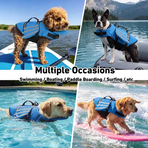 Vista 7 de Petglad Chaleco salvavidas para perro, chaleco salvavidas ajustable con alas lindas con flotador de barbilla y asa, para nadar, navegar, chaleco Azul