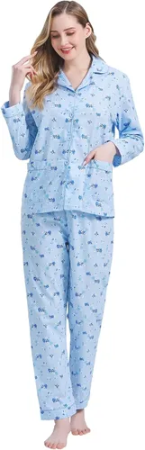 Vista 4 de Amaxer Conjunto de pijama 100% algodón para mujer, de manga larga, suave, con botones, con cordón elástico