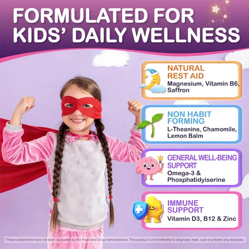 Vista 3 de Gomitas de magnesio para niños – Suplemento masticable de glicinato de magnesio con L-teanina, vitamina B6, fosfatidiserina y omega para niños Zzz