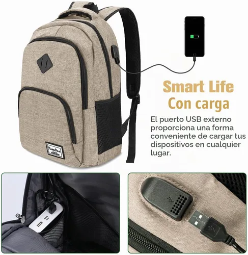 Vista 6 de YAMTION Mochila escolar, mochila para laptop con compartimento de 15.6 pulgadas para hombres y mujeres, color beige