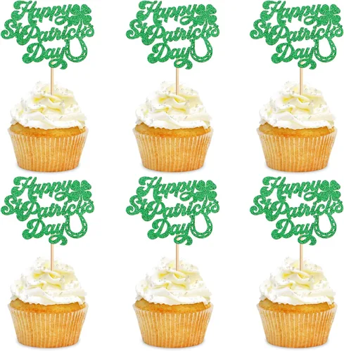 Vista 10 de Juego de 1 palillos para tartas de trébol, decoración de trébol con purpurina verde dorada para cumpleaños, baby shower, suministros de fiesta