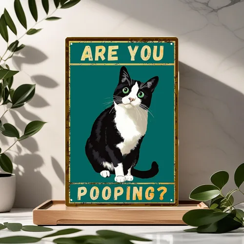 Vista 2 de Divertido arte de pared para baño, letrero de gato con texto en inglés "Are You Pooping", letreros metálicos vintage para baño, casa o apartamento