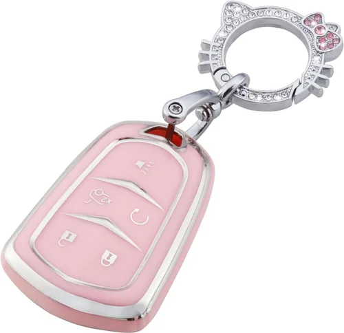 Vista 7 de Pangpai Funda para llavero rosa para Jeep, funda de protección de TPU suave con llavero brillante compatible con Jeep Grand Cherokee Renegade