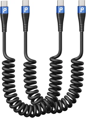 Vista 22 de Cable USB C de carga rápida, paquete de 2 cables de carga USB A a USB C en espiral de 3 pies para automóvil, cable de carga USB-C compatible