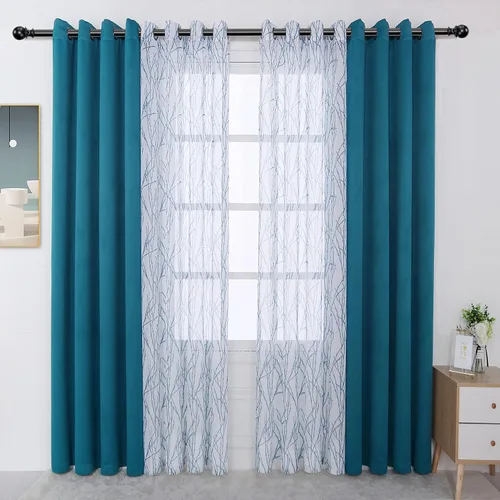 Vista 15 de BONZER Cortinas para Mezclar y Combinar - 2 Piezas de Cortinas Transparentes con Estampado de Ramas y 2 Piezas de Cortinas Opacas para Dormitorio