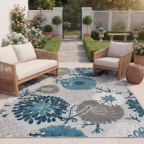 Vista 6 de SAFAVIEH Alfombra lavable de colección Cabana para exteriores, 2 x 4 pies, gris y azul, no desprende pelusa y fácil de limpiar, entrada puerta