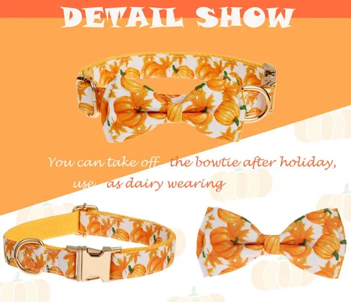 Vista 6 de Collar de otoño para perro con pajarita extraíble para perros medianos, collar de perro de Acción de Gracias de Halloween