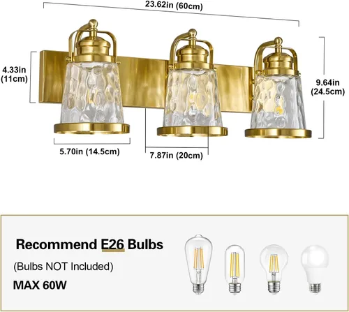 Vista 5 de Lámpara de tocador de baño de 3 luces, moderna, industrial, dorada, con accesorios de cristal para el baño sobre el espejo