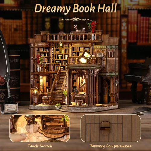 Vista 5 de Kit de rincón de libros en miniatura para casa de muñecas, rompecabezas de madera 3D con luz, decoración de estantería de casa pequeña, construcción