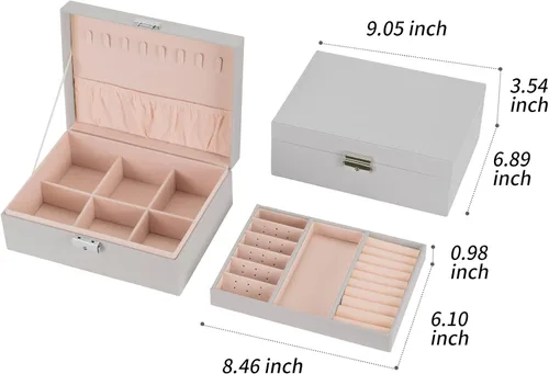 Vista 6 de Smileshe Joyero para mujeres y niñas, organizador de piel sintética con cerradura, 2 capas extraíbles de almacenamiento de viaje para anillos